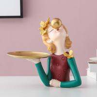 Long Curly Hair Cute Girl Sculpture Storage Tray for Candy Photo Prop Home