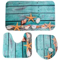 Beach Seashells Starfish Sand Bath Mat Holidays Summer Bathroom Carpet Rug Non-Slip 3 Piece Toilet Mat Set Starfish Floor