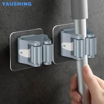 3pcs Mop And Broom Holder, Wall Mounted Adhesive Storage Rack With Hooks,  Organizer For Brushes, Brooms, Toilet, Laundry Room