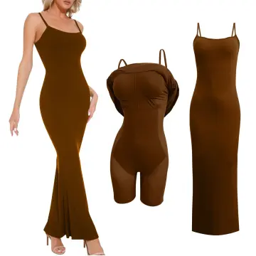 Popilush Maxi Bodycon Shaper Dress Built in Bra Bodysuit for Women Long  Backless Slip Spaghetti Strap Dresses with Shapewear