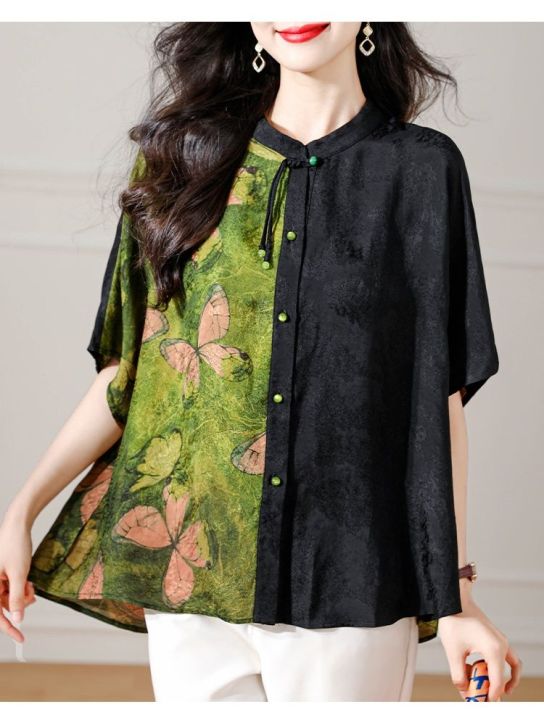 เสื้อเชิ้ตผู้หญิง-เสื้อเชิ้ตปลายสูงเปิดพุงสีตัดกันเสื้อยืดผู้หญิงขนาดใหญ่สไตล์เกาหลีมาใหม่