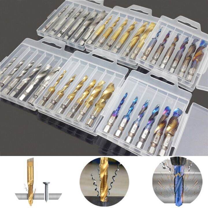 compound-screw-tap-bit-set-m3-4-5-6-8-10-hex-spiral-tap-countersink-drill-reamer-titanium-soft-metal-tapping-chamfering-tools-drills-drivers