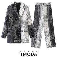 TMODA2047 2022ฤดูใบไม้ร่วงฤดูใบไม้ร่วงผู้หญิงลำลองลายพิมพ์เย็บปะติดปะต่อกันหลวมเสื้อคลุมแจ็คเก็ตข้อเท้ากางเกงหญิงชุด2ชิ้นชุด