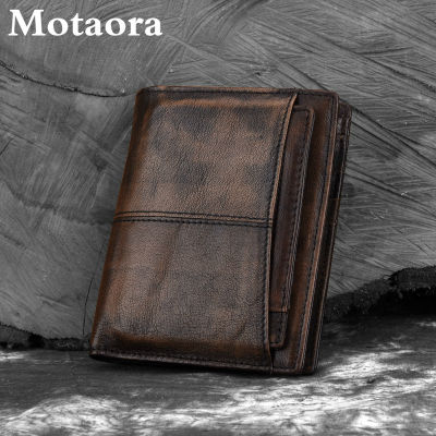Motaora Mens Wallet Oil Wax Cowhide Short Purse Vintage Coin Bag Men Genuine Leather Wallets Distressed Solid Clutch For Male