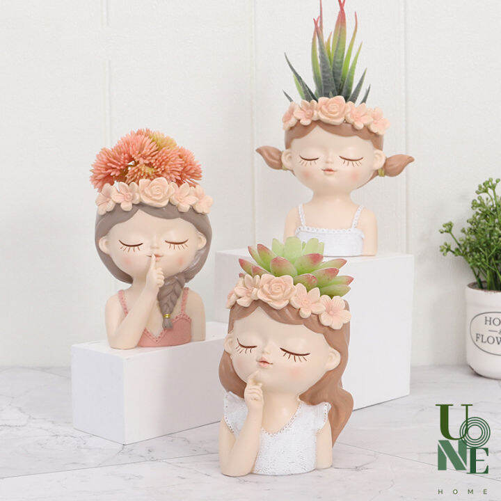 uonehome-พร้อมส่ง-h080-รูปปั้นกระถางดอกไม้นางฟ้า-กระถางไม้อวบน้ำ-ขนาดเล็ก-แต่งสวนน่ารัก-รูปปั้นเด็กสาว-สไตล์โมเดิร์น-วัสดุเรซิน