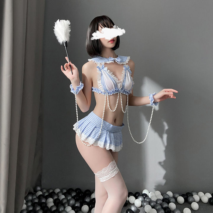 sexy-cute-underwear-maid-role-play-uniform-white-lace-three-point-show-waist-temptations-mini-pearl-bra-sweet-set-2021-new-beuz