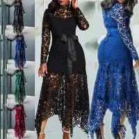 Elegant Vintage Party Sexy Lace Long Dress Plus Size 5XL Women Mesh Hollow Bodycon Blue African Maxi Dress Ladies Vestidos