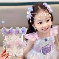 【CC】☊✶¤  Children Fringe Pink Bow Forehead Chain Hairpin Earhook Accessories Cartoon Hair Clip