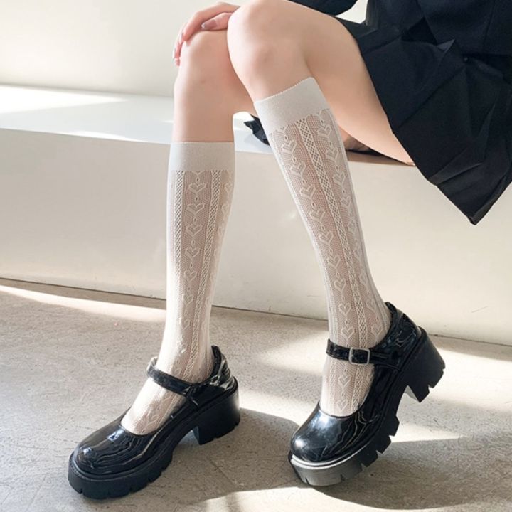 cc-knee-socks-womens-striped-patterned-stockings-hollow-out-sheer-mesh-kawaii