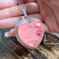 Delicate Big Heart Shape Pink Topaz Gemstone Pendant Necklace Luxury 925 Silver Choker Chains Crystal Sweater Neckalces Ladies