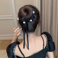 Lucky spring ยางมัดผมโดนัท ผ้าไหม ประดับไข่มุก แฟชั่นผู้หญิง สไตล์ญี่ปุ่น Chic hair band pearl head rope bow hair ring girl hair ties quality rubber band