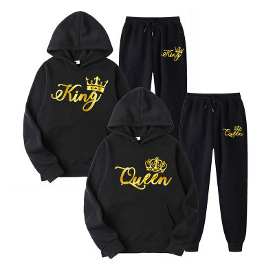 2021 Fashion Couple Sportwear Set KING or QUEEN Printed Hooded Suits 2PCS Set Couples Design Streetwear Hoodie and SweatPants