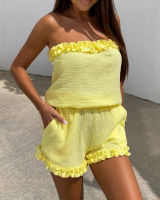 Frill Hem Bandeau Top &amp; Shorts Set Solid Strapless Pleated Pockets Sexy Slim Fit Spliced Summer Clothing For Women