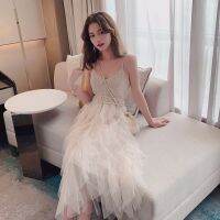 COD SDFGERTYTRRT Women Strappy V-Neck Cupcake Sundress Mesh Yarn Holiday Casual Beach Party Summer Long Mixi Dresses