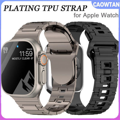 สาย Tali Jam Tangan Karet ชุบสำหรับนาฬิกา Apple อัลตร้า49มม. 45มม. 41มม. 44มม. 42มม. 40มม. 38มม. สร้อยข้อมือสีไทเทเนียม Iwatch 8 7 6 5 4 3 2 1 Se