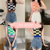 DD SHOPพร้อมส่ง 7148 เสื้อกล้ามไหมพรม ลายตางสีสันน่ารักสไตล์เกาหลี