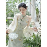 Spot parcel post New Chinese Style Elegant Pure Zen Halter Waist Slim Green Improved Cheongsam Dress