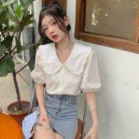 Womens Doll Collar Short Sleeve Button down Regular Fit Shirts Single Breasted Casual Chiffon Blouse