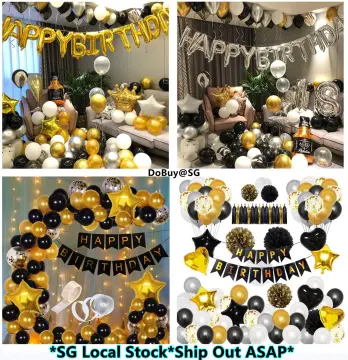 Black Gold Birthday Decorations for Men Women,Black Gold White Foil Confetti Latex Balloons Happy Birthday Banner Pom Poms Metallic Fringe Curtains