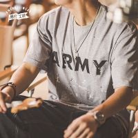 Splash Ink เสื้อยืดผู้ชายฤดูร้อนทอด Street รอบคอพิมพ์ตัวอักษร ARMY สีเทาสั้น T เสื้อ Man อินเทรนด์