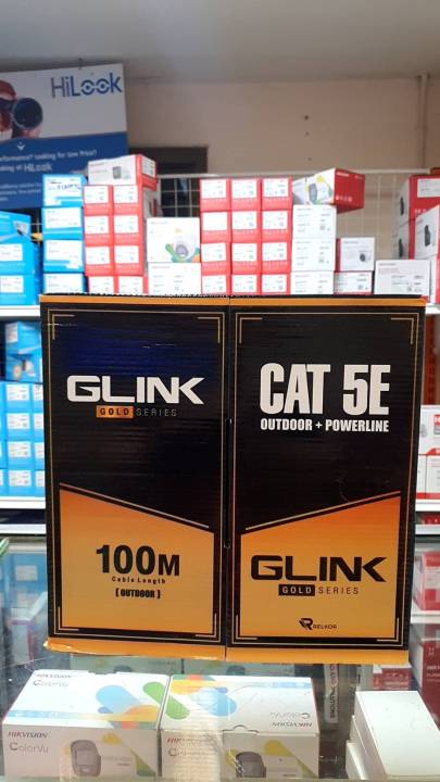 สายแลน-cat5e-ยี่ห้อglink-เป็นสายแลน-cat5e-แบบมีไฟ-ยาว100-เมตร-ใช้ภายนอก-รุ่น-gold-series-gl5003