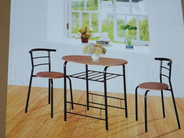 tnn-ชุดโต๊ะอาหาร-พร้อมเก้าอี้สำหรับ2คน-ขาโต๊ะเก้าอี้สีดำ-พื้นโต๊ะเก้าอี้สีน้ำตาลเข้ม-ประกอบง่าย-แข็งแรง-ประหยัดเนื้อที่