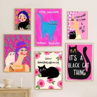 2023☬◆◇ Abtract Retro Black Cartoon Cat Wall Art Poster Print Pink Canvas Girl Room Home Decor Pink Girl Funny Quotes Canvas Painting