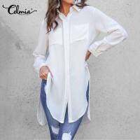 Celmia ผู้หญิงเสื้อสีขาว2022ฤดูร้อนปกอสมมาตรแยกยาว Tunic ท็อปส์ลำลอง O Versize เสื้อสำนักงานที่สง่างาม B Lusas