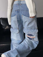 HOUZHOU Vintage Cargo Jeans Women Y2k Hip Hop Baggy Wide Leg Denim Pants Casual Loose Harajuku Trousers 90s Streetwear Pockets