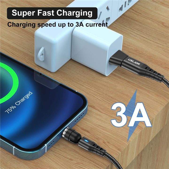 uslion-pd-60w-3a-fast-charging-540-rotate-magnetic-cable-qc3-0-4-0-micro-usb-type-c-cable-for-iphone-13-samsung-s22-xiaomi-11-cables-converters