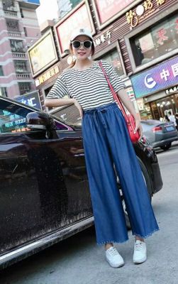 ETYกางเกงขากว้างขายาว มีเชือกผูก กางเกงผู้หญิง กางเกงขายาว ผ้านิ่มใส่สบาย กางเกงแฟชั่นกางเกงผู้หญิงทรงเกาหลี ฟรีไซด์เอวยืดไซด์ใหญ่