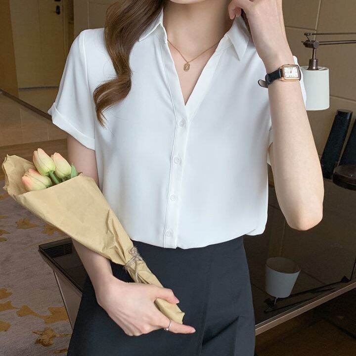 v-neck-white-chiffon-top-professional-female-a-short-sleeved-shirt-overalls-summer-dress-commuter-shimmy-temperament