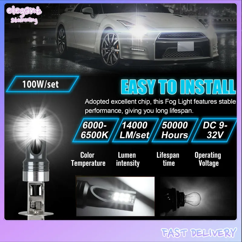 2x H1 LED Headlight Bulbs Conversion Kit High Low Beam 100W 6500K Super  White