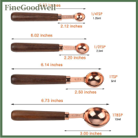 FineGoodWell ช้อนตวงเคลือบทองแดงด้ามไม้วอลนัทสำหรับอบในครัว4ชิ้น