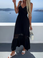 Elegant V คอจีบสลิงชุดปาร์ตี้เซ็กซี่ลูกไม้เย็บเอวสูงฤดูร้อน Casual Chic A-Line Maxi Beach Dresses