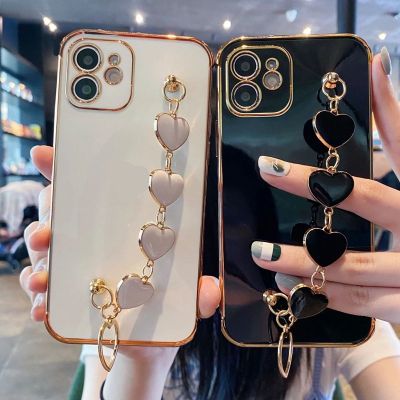 「Enjoy electronic」 Heart Chain Wristband Rope Phone Case For OPPO Reno 7 2F 2Z 4Z 5Z 6Z 7Z A57 A96 A95 A94 A93 A74 5G Plating Soft Silicone Cover