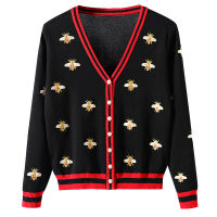 2021MASTGOU Embroidery Animal Women Cardigan Sweater V Neck Striped Women Jumpers Knitted Cardigan Jacket Coats Female Outfits