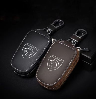 Leather Car Key Case Folding Remote Control Zipper Keychain For Peugeot 206 207 208 301 307 308 406 408 508 2008 3008 5008 108
