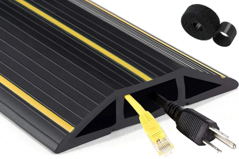 Floor Cord Protector 6.5 FT Black PVC Heavy Duty 3 Channel Raceway to Cover  and Conceal