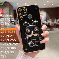 เคสโทรศัพท์กระต่ายที่สวยงามสำหรับ Realme C15 / C35 / C21Y / C25Y / C11 / C12 / C17 / C2 / C20 / C21 / C25 / C25S / C30 / C31 / C33 / C11 2021การ์ตูนน่ารักฝาครอบ + ขาตั้งโทรศัพท์ TPU แบบน่มชุบโครเมี่ยม