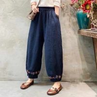 【มีไซส์ใหญ่】Plus Size M-4XL Womens Cotton&amp;Linen Floral Embroidery Pants Casual Vintage Female Trousers