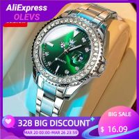 ZZOOI OLEVS Original Quartz Ladies Watch Luxury Diamonds Steel strip Leather strap Luminous Waterproof Diving Green Mens Quartz Watch