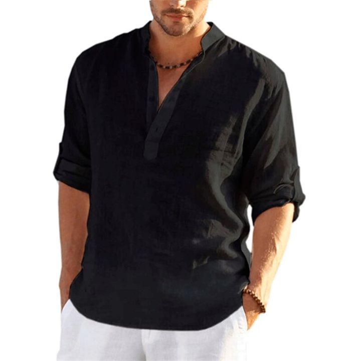 ผ้าลินินผ้าฝ้ายโปโลทางการกางเกงชั้นในสำหรับผู้ชายเสื้อเชิ้ตหลวมผู้ชาย-เสื้อฮาราจูกุเสื้อเชิ้ตออกงานลำลองฤดูร้อน
