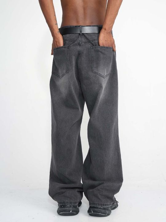 กางเกงยีนส์ผู้ชาย-y2k-กางเกงยีนส์เปิดเข่าขาดกางเกงยีนส์สำหรับผู้ชายทรงหลวมเข้ารูปกางเกงคาร์โก้กางเกงยีนส์ขาบานสีดำ