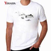 Fashion YIHAIFA Mens T-Shirt Fashion Ink Mountain Gaphics Tee Shirts Pullover Casual Short Sleeve Streetwear White Tops