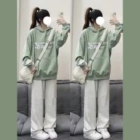 Spot parcel post2023 Autumn and Winter Salt College Style White Wear Korean Hooded Printed Sweater + White Wide Leg Pants Two-Piece Set