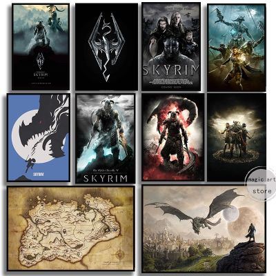 ♟อาย♛เกม The Elder Scrolls Skyrim แผนที่โปสเตอร์ภาพเขียนมังกรภาพวาดบนผนังภาพพิมพ์สำหรับห้องนั่งเล่นภาพการตกแต่งบ้าน Cuadros