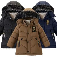 2023 New Style Winter Keep Warm Boys Jacket Letter F Fashion Lining With Plush Fur Collar Hooded Heavy Coat For Kids