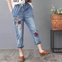 Big Size M-3XL Womens Elastic Waist Floral Embroidery Ankle Jeans Casual Straight Female Denim Pants