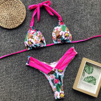 【CW】2021 Sexy Halter R Floral Leoprad Print Bandage Bikini Set Bathing Suit Ladies Swimsuit High Waist Swimwear Summer Beachwear